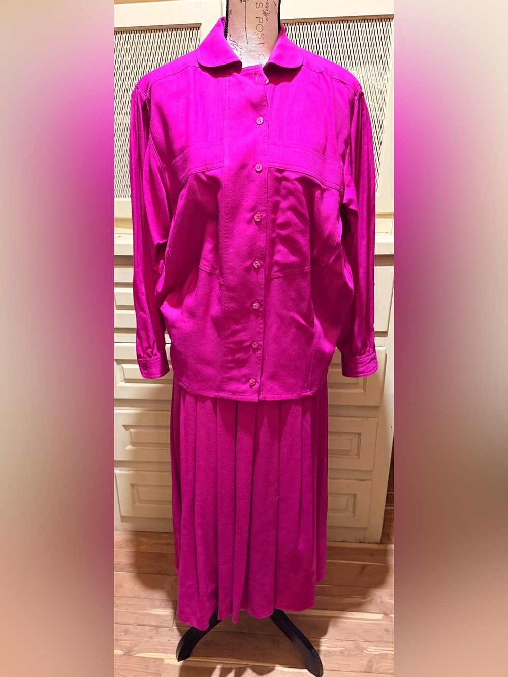 Vintage 80s Escada Margaretha Ley 2Pc Fuchsia Wool Shirt & Pleated Skirt Set